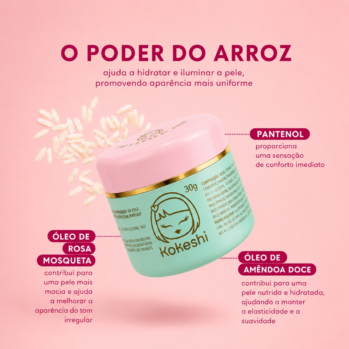 Pele de Porcelana 30g — creme facial com extrato de arroz